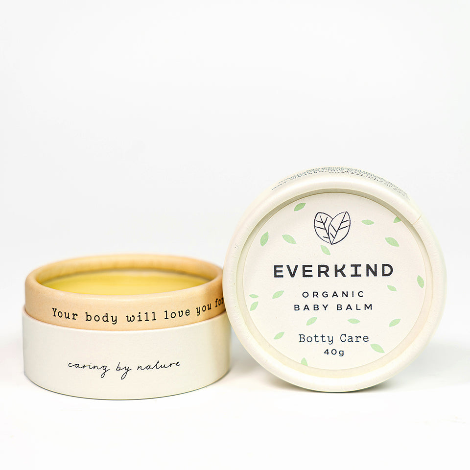 Photo of Everkind&#39;s nappy cream packaged in a purely paper home compostable jar.