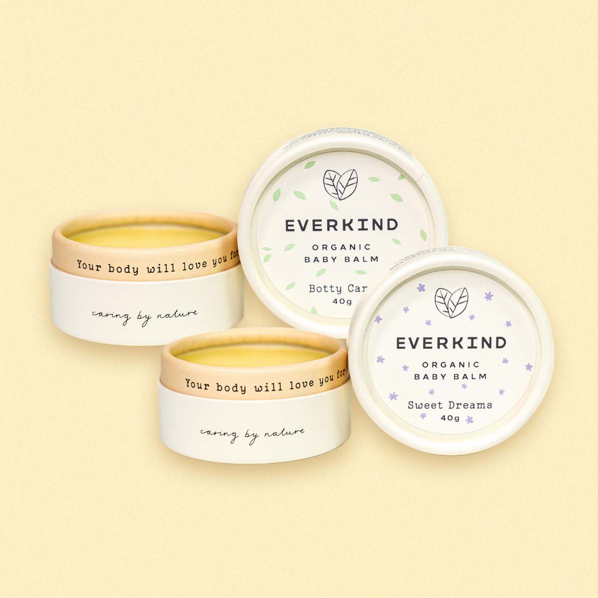 Image of the Everkind Baby Kind Bundle with a paper jars of Sweet Dreams and Botty Care.