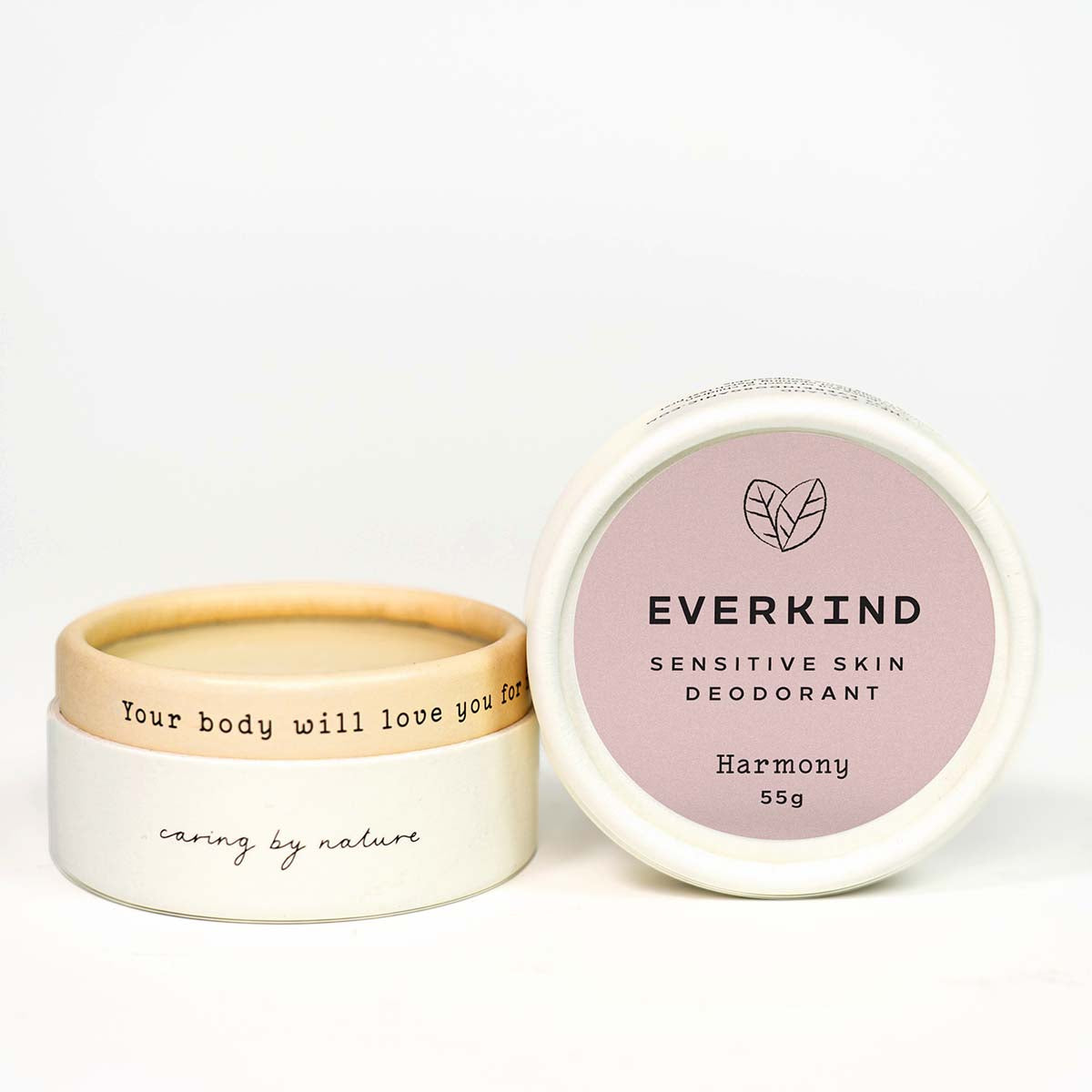 Everkind Harmony is a sensitive skin deodorant that is bicarb-free and scented with manuka and lavender. Packaged in a home compostable paper jar.
