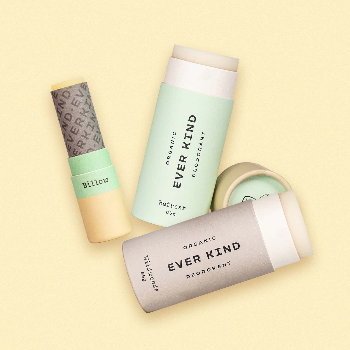 Everkind Calm & Collected Fresh Start Bundle featuring Refresh and Wildwoods natural deodorants and Billow organic lip balm. Designed to support freshness and confidence during perimenopause.