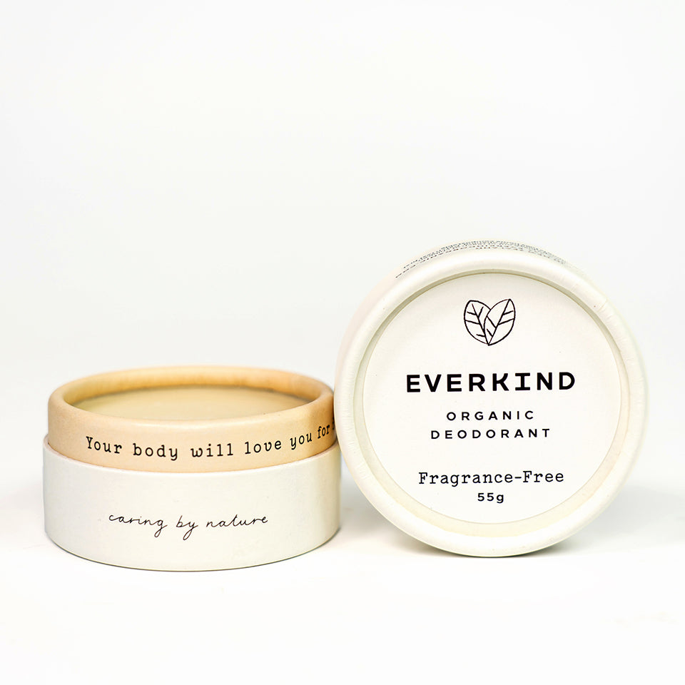 Photo of Everkind&#39;s Fragrance-free deodorant cream that&#39;s packaged in a purely paper home compostable jar.