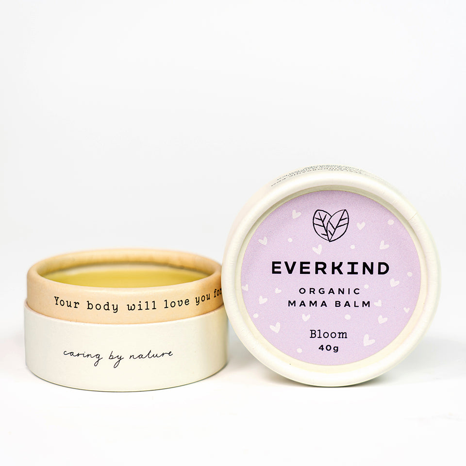 Photo of Everkind Mama Balm Bloom which is perfect for moisturising bellies and for birthing massage.