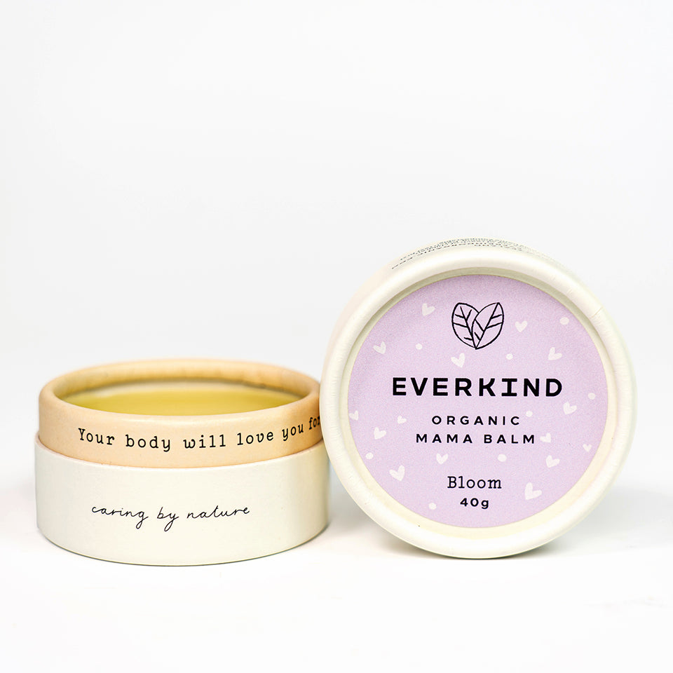 Photo of Everkind Mama Balm Bloom which is perfect for moisturising bellies and for birthing massage.