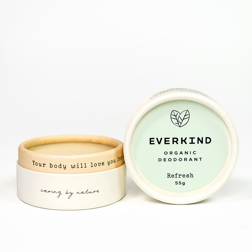 Photo of Everkind's Refresh deodorant cream packaged in a purely paper home compostable jar.