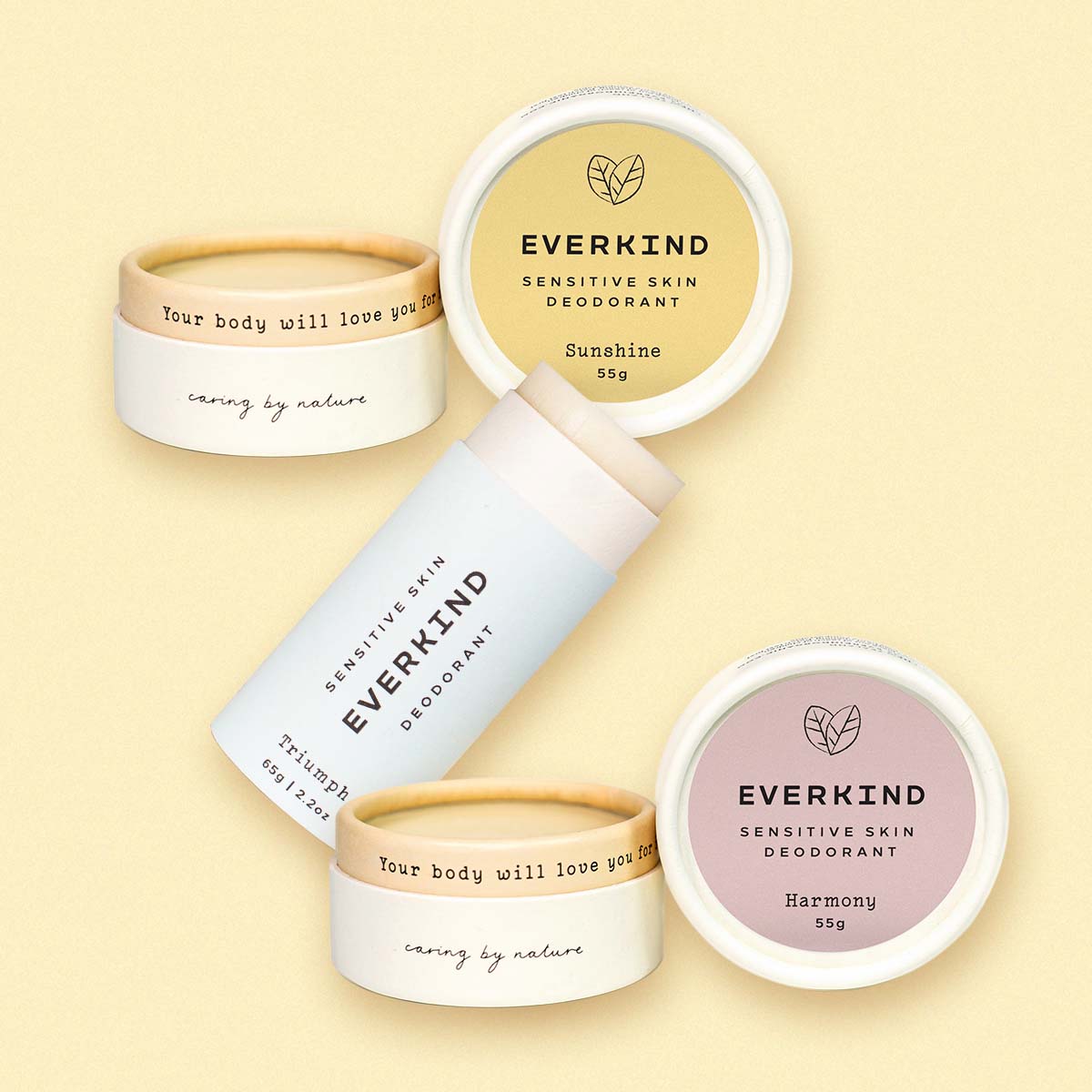 Everkind has a sensitive skin deodorant bundle to care for underarms that can't tolerate sodium bicarbonate. Made with supplement quality marine magnesium Sunshine, Harmony and Triumph are your gentle pick.