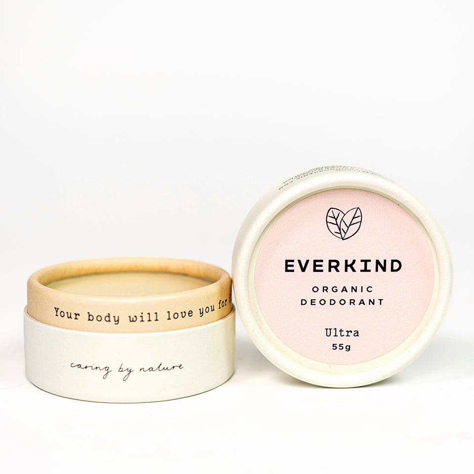 Photo of Everkind's cream deodorant Ultra packaged in a purely paper home compostable jar.