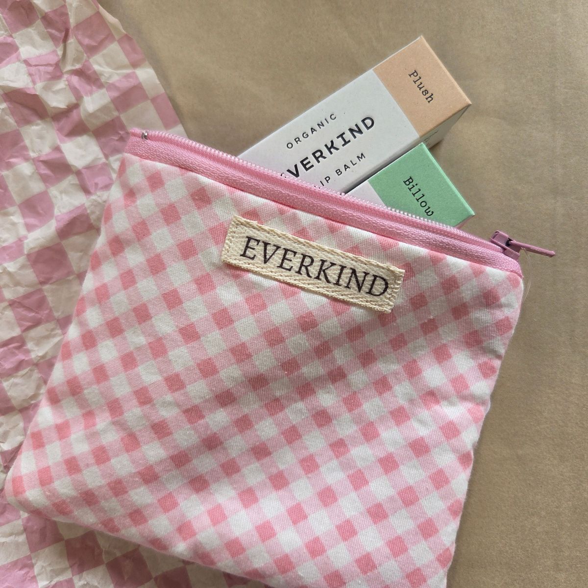 Everkind Soft Moments Set with Plush and Billow lip balms in a pink gingham Kiki and Co pouch